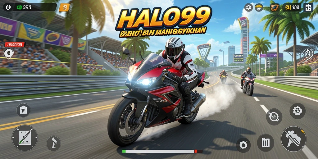 Screenshot gameplay HALO99 menampilkan aksi balapan motor yang cepat dan seru.